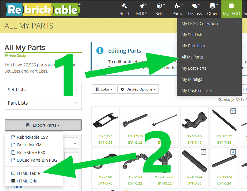 How to export all parts as HTML table